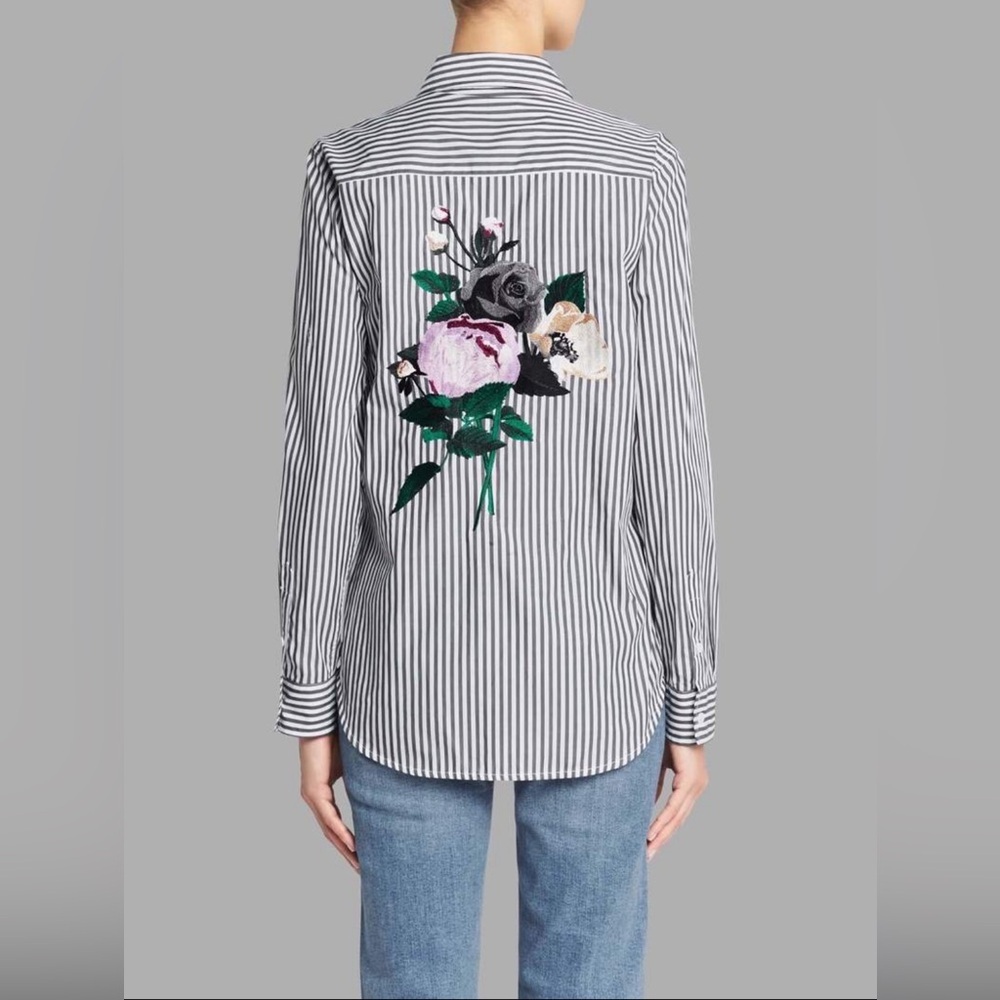 Equipment Black White Striped Button-Down Shirt with Floral Embroidery